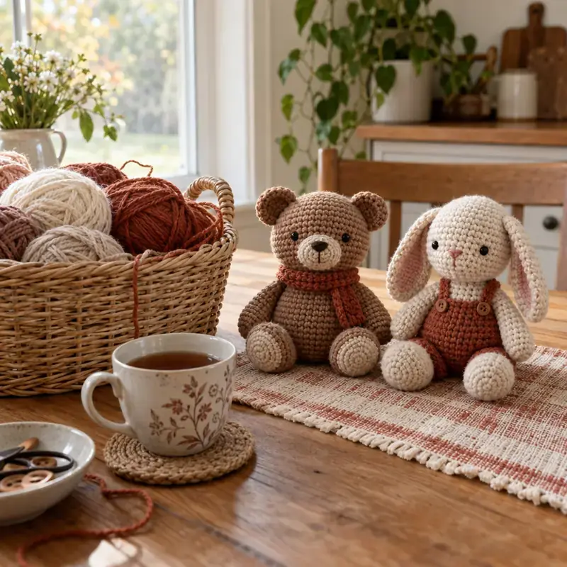 Before: leftover yarn. After: finished amigurumi animals on the table.